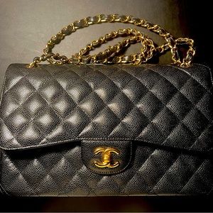 Authentic Chanel Caviar Quilted Jumbo Double Flap Black with Gold Hardware